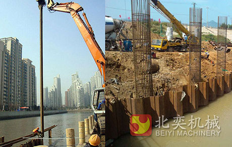 3.Excavator piling driving steel sheet pile retaining River